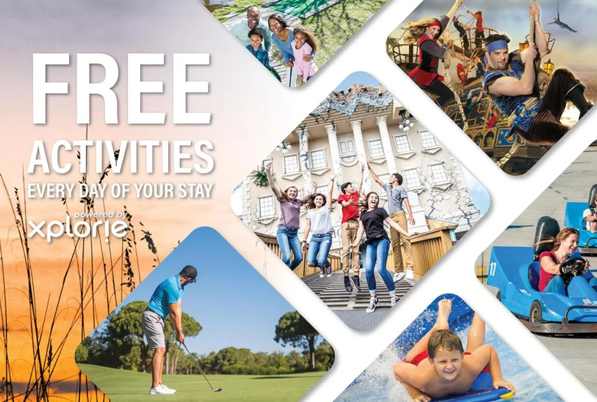 A lively scene featuring families and groups enjoying various outdoor activities—golfing, theme park rides, water attractions—set against a vivid sunset. The image buzzes with energy and excitement, capturing the spirit of adventure and togetherness.